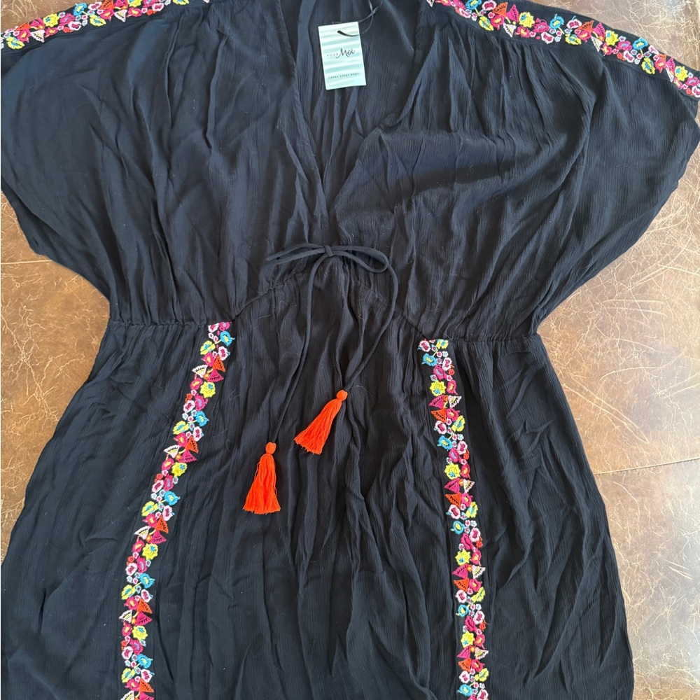 Wanderlux Black Embroidered Swim Coverup with Orange Tassels